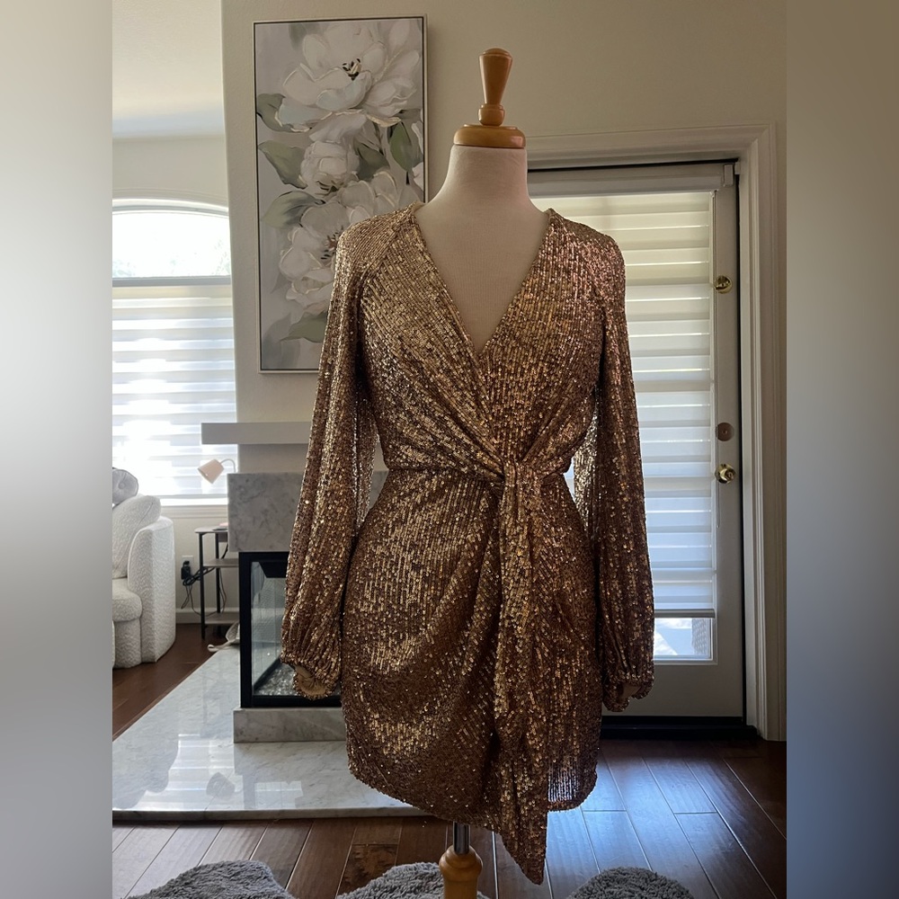 Shona Joy Gold Sequin Wrap Mini Dress